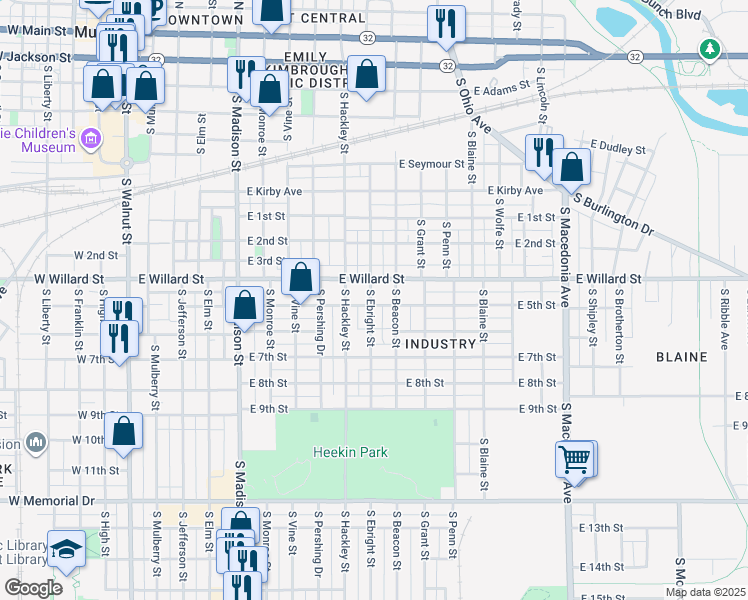 map of restaurants, bars, coffee shops, grocery stores, and more near 1000 East 5th Street in Muncie