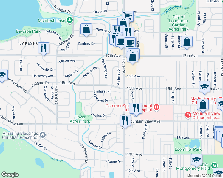 map of restaurants, bars, coffee shops, grocery stores, and more near 2317 15th Avenue in Longmont