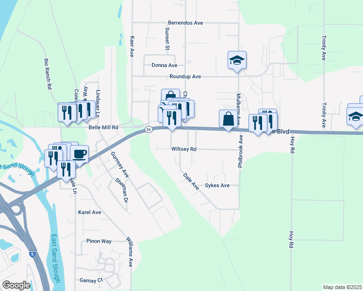 map of restaurants, bars, coffee shops, grocery stores, and more near 30 Colony Road in Red Bluff