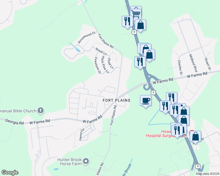 map of restaurants, bars, coffee shops, grocery stores, and more near 40 Ruffian Way in Howell Township