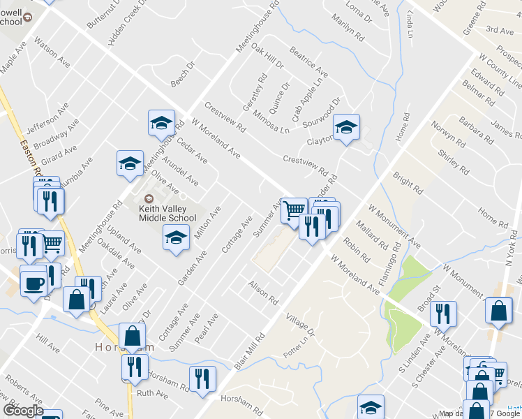 map of restaurants, bars, coffee shops, grocery stores, and more near 200 Cedar Avenue in Horsham