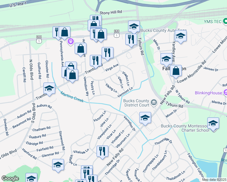 map of restaurants, bars, coffee shops, grocery stores, and more near 39 Viking Lane in Levittown