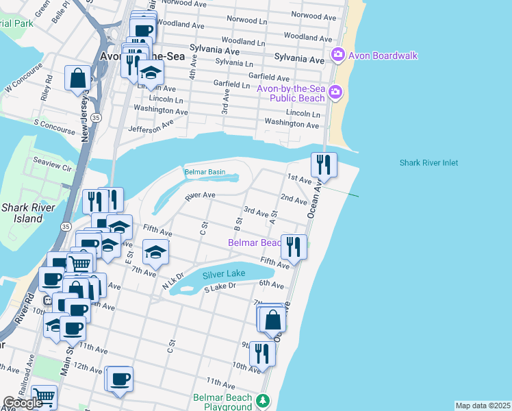 map of restaurants, bars, coffee shops, grocery stores, and more near 212 3rd Avenue in Belmar
