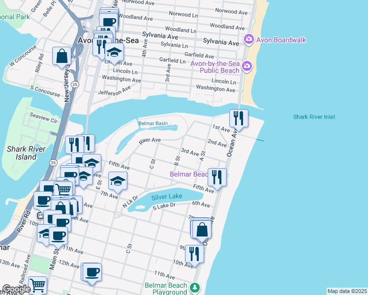 map of restaurants, bars, coffee shops, grocery stores, and more near 212 3rd Avenue in Belmar