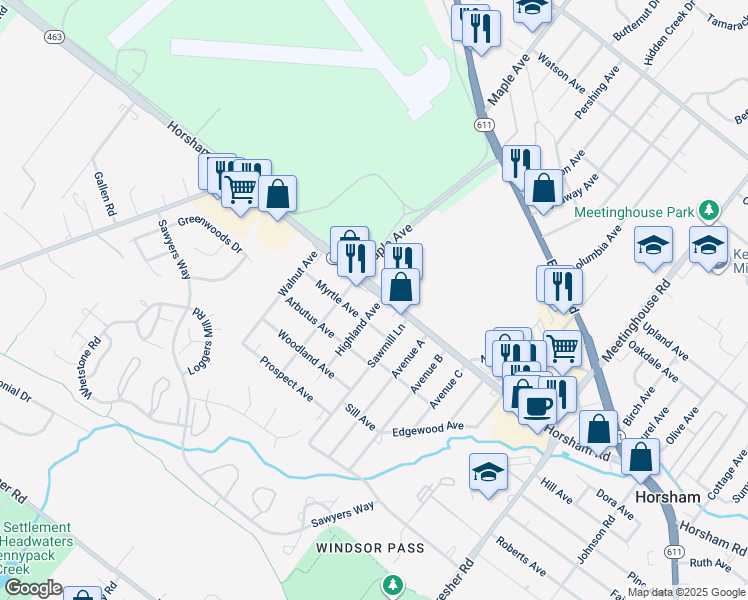 map of restaurants, bars, coffee shops, grocery stores, and more near 433 Horsham Road in Horsham