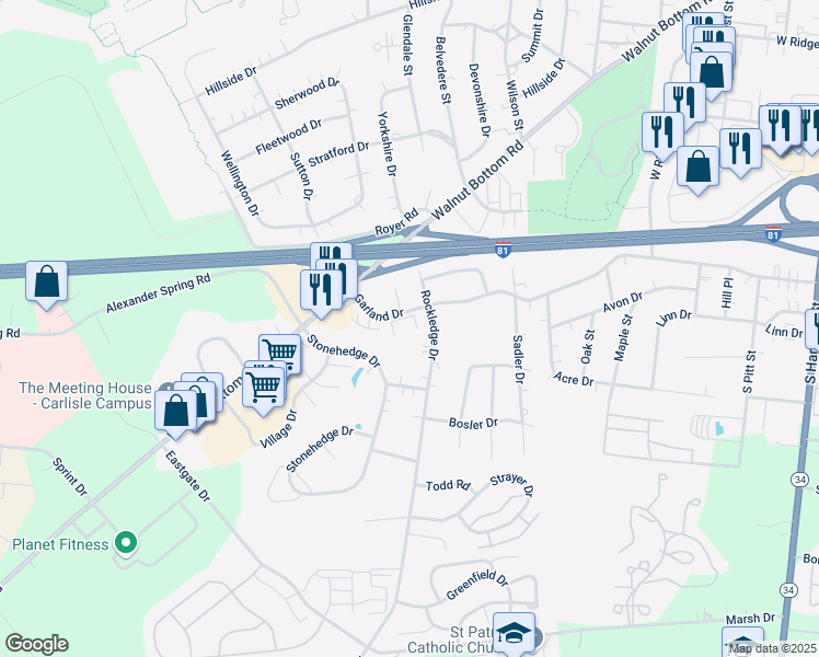 map of restaurants, bars, coffee shops, grocery stores, and more near 9 Garland Court in Carlisle