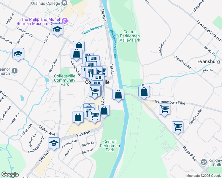 map of restaurants, bars, coffee shops, grocery stores, and more near 1 East Main Street in Collegeville