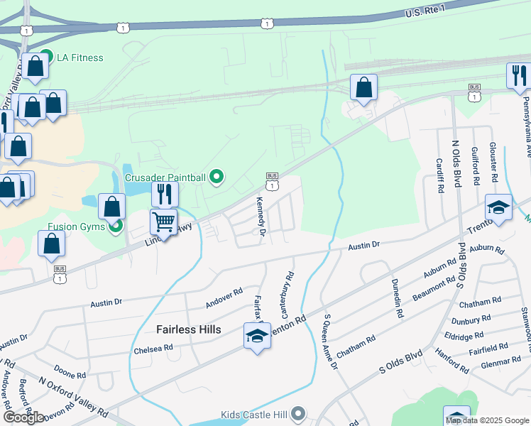 map of restaurants, bars, coffee shops, grocery stores, and more near 61 Harrison Drive in Fairless Hills