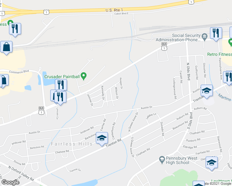 map of restaurants, bars, coffee shops, grocery stores, and more near 311 Wilson Drive in Fairless Hills