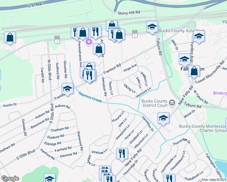map of restaurants, bars, coffee shops, grocery stores, and more near 8 Vestry Lane in Levittown