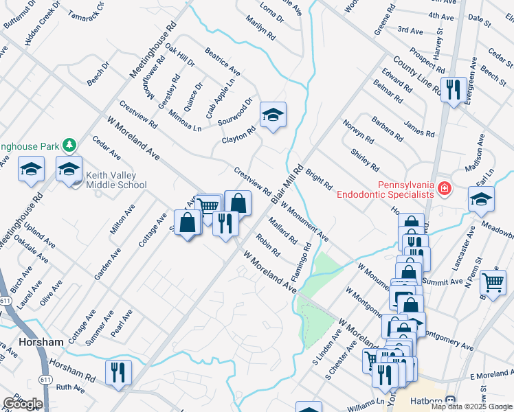 map of restaurants, bars, coffee shops, grocery stores, and more near 112 Blair Mill Road in Hatboro