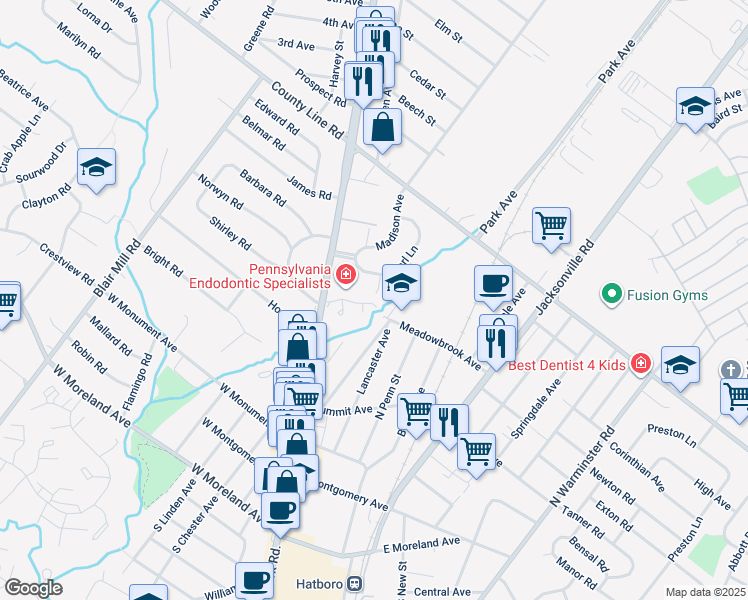 map of restaurants, bars, coffee shops, grocery stores, and more near 3 Woodland Ave in Hatboro