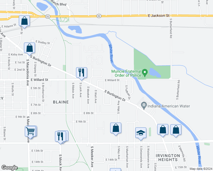 map of restaurants, bars, coffee shops, grocery stores, and more near 1110 South Jersey Avenue in Muncie