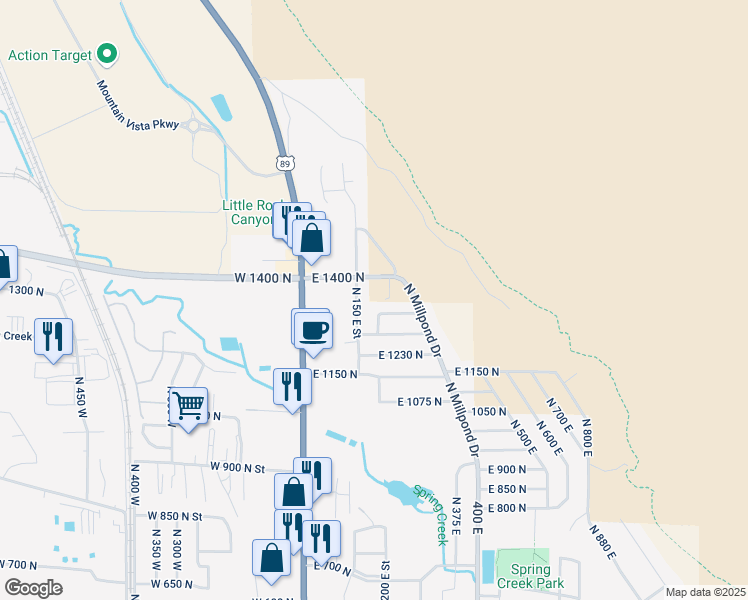 map of restaurants, bars, coffee shops, grocery stores, and more near 1334 N 200 E St in Springville