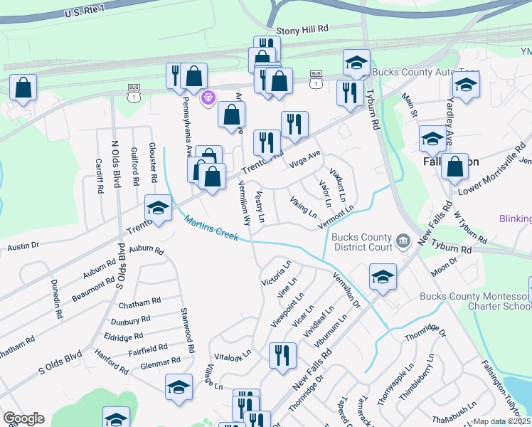map of restaurants, bars, coffee shops, grocery stores, and more near 8 Vestry Lane in Levittown