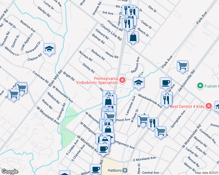 map of restaurants, bars, coffee shops, grocery stores, and more near 401 Crescent Road in Hatboro