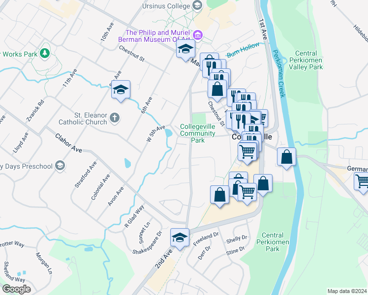 map of restaurants, bars, coffee shops, grocery stores, and more near 214 Militia Court in Collegeville