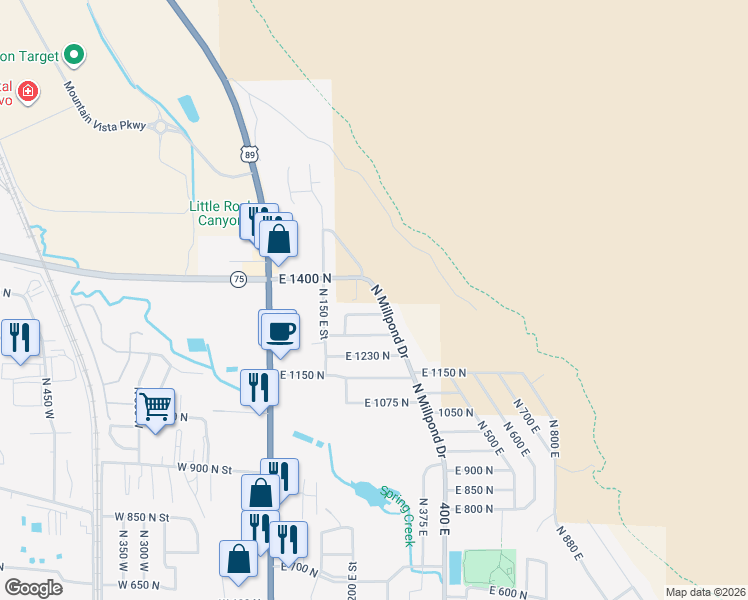 map of restaurants, bars, coffee shops, grocery stores, and more near 1333 N Millpond Dr in Springville