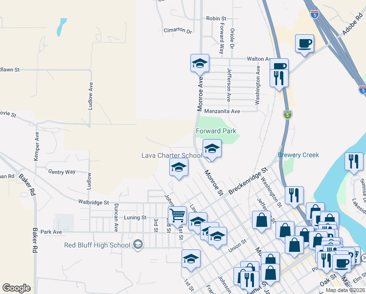 map of restaurants, bars, coffee shops, grocery stores, and more near 1512 Derby in Red Bluff