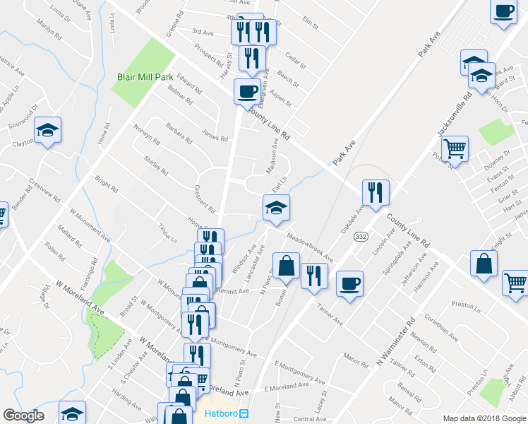 map of restaurants, bars, coffee shops, grocery stores, and more near 13 Woodland Avenue in Hatboro