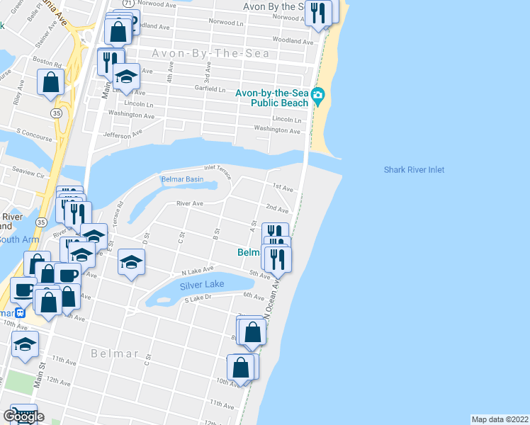 map of restaurants, bars, coffee shops, grocery stores, and more near 109 2nd Avenue in Belmar