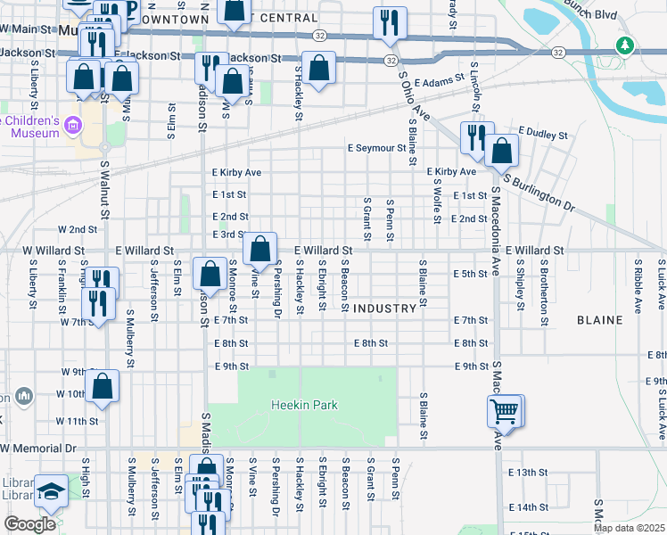 map of restaurants, bars, coffee shops, grocery stores, and more near 1018 East 5th Street in Muncie