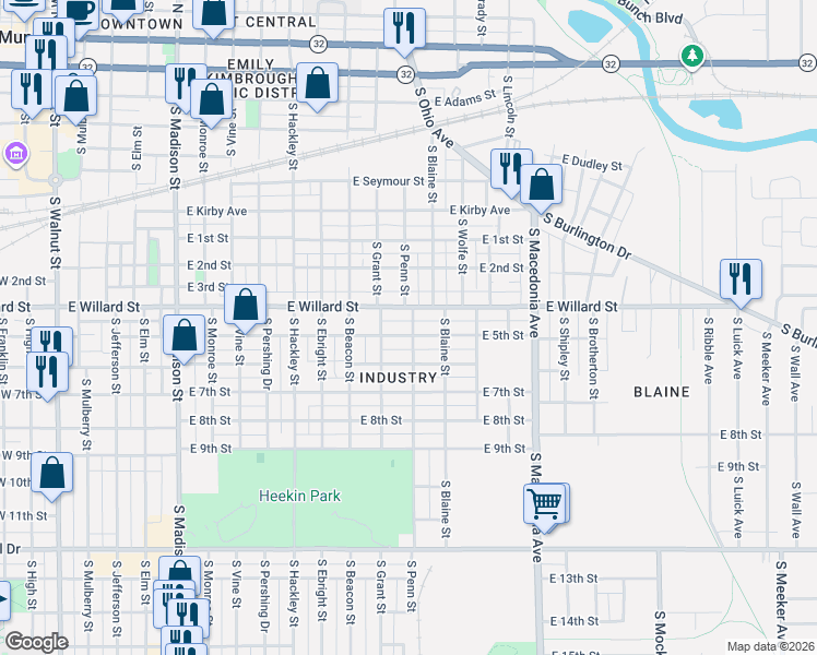 map of restaurants, bars, coffee shops, grocery stores, and more near 1125 South Penn Street in Muncie