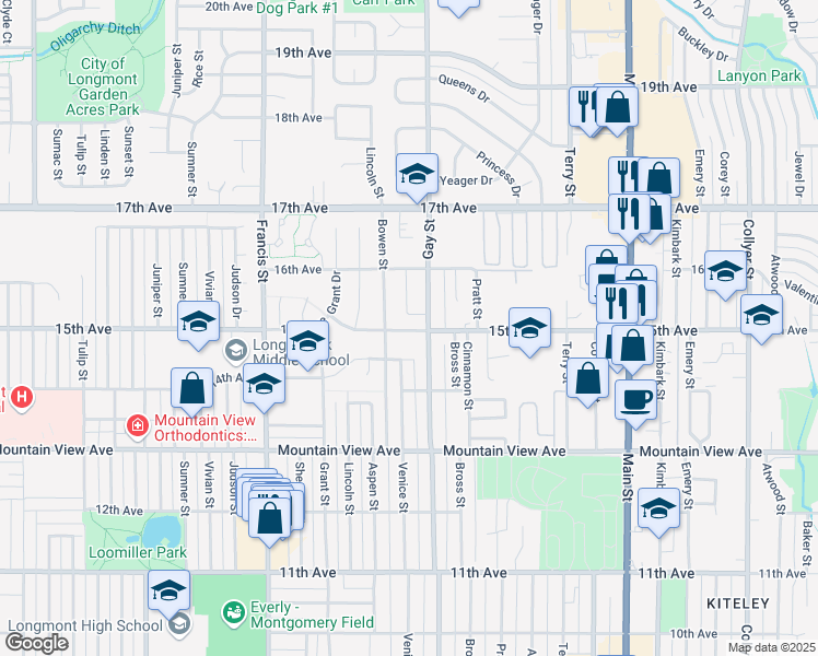 map of restaurants, bars, coffee shops, grocery stores, and more near 1244 15th Avenue in Longmont