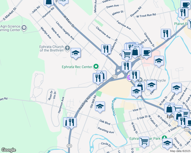map of restaurants, bars, coffee shops, grocery stores, and more near 148 S Academy Dr in Ephrata