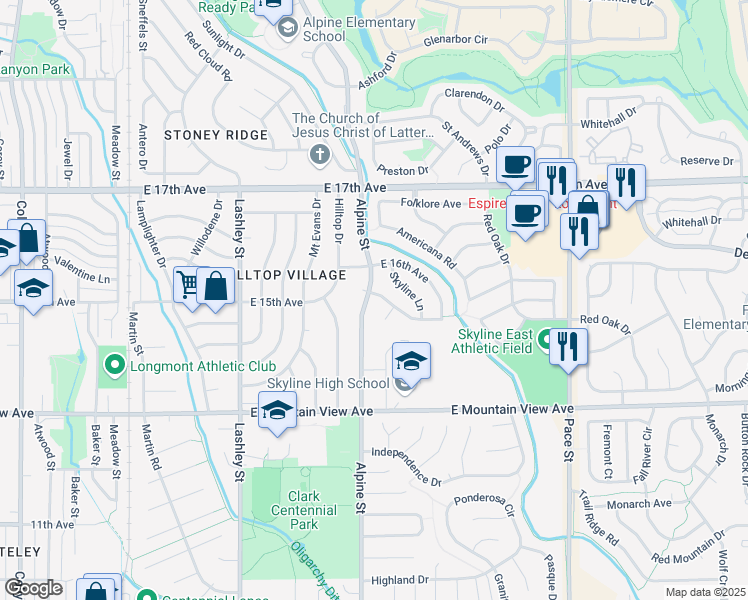 map of restaurants, bars, coffee shops, grocery stores, and more near 1466 Alpine Street in Longmont