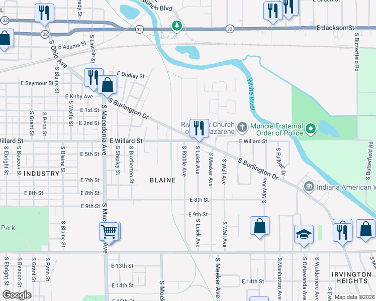 map of restaurants, bars, coffee shops, grocery stores, and more near 1118 S Ribble Ave in Muncie