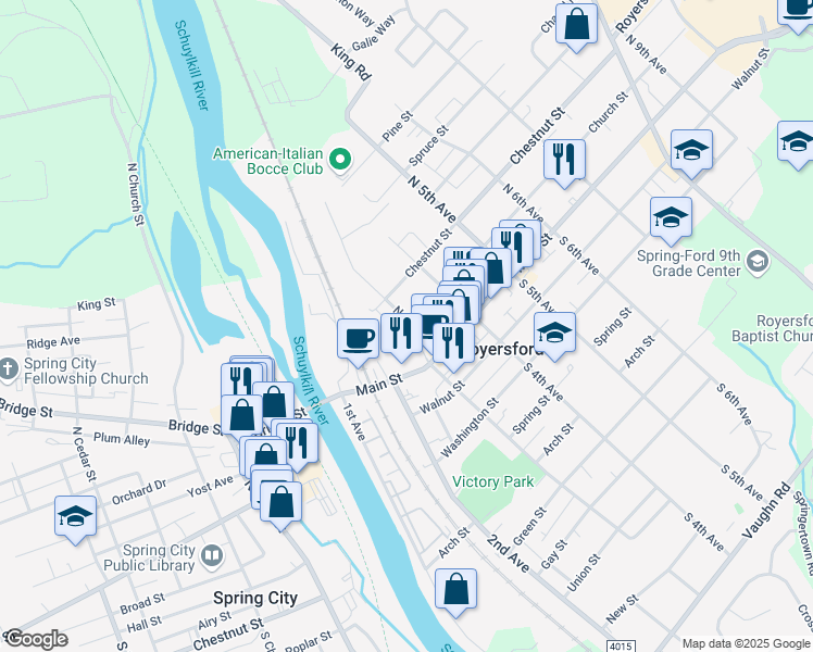 map of restaurants, bars, coffee shops, grocery stores, and more near 101 North 3rd Avenue in Royersford