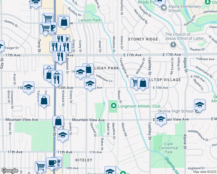 map of restaurants, bars, coffee shops, grocery stores, and more near 20 15th Avenue in Longmont