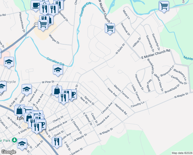 map of restaurants, bars, coffee shops, grocery stores, and more near 61 Irene Avenue in Ephrata