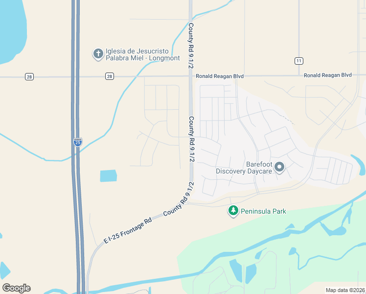 map of restaurants, bars, coffee shops, grocery stores, and more near County Road 9 1/2 in Longmont