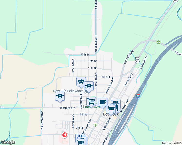 map of restaurants, bars, coffee shops, grocery stores, and more near 1465 Elmhurst Avenue in Lovelock