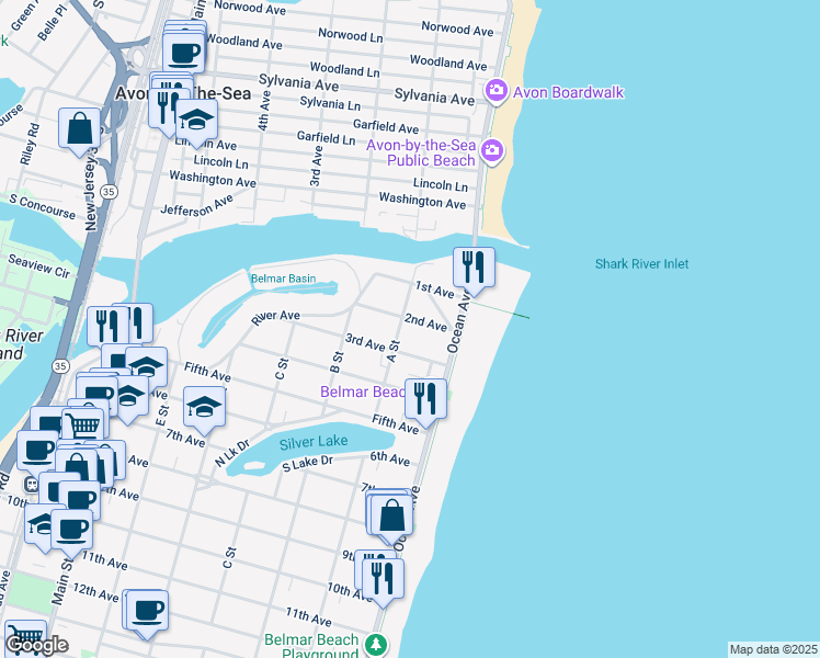 map of restaurants, bars, coffee shops, grocery stores, and more near 12 A Street in Belmar