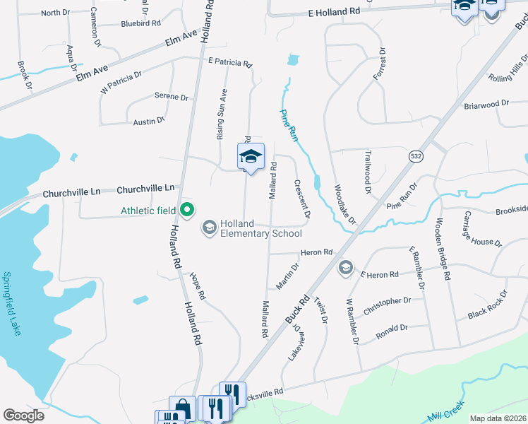 map of restaurants, bars, coffee shops, grocery stores, and more near 178 Mallard Road in Holland