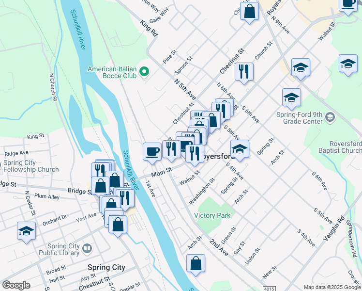 map of restaurants, bars, coffee shops, grocery stores, and more near 101 North 3rd Avenue in Royersford