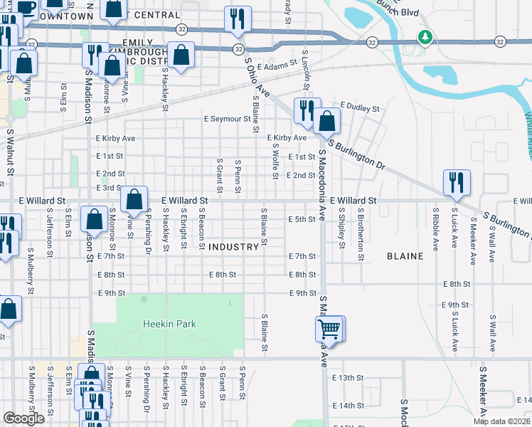 map of restaurants, bars, coffee shops, grocery stores, and more near 1400 East 5th Street in Muncie