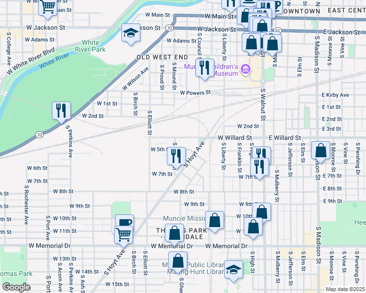 map of restaurants, bars, coffee shops, grocery stores, and more near 704 West 5th Street in Muncie