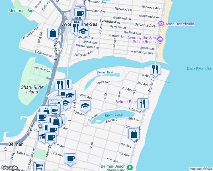 map of restaurants, bars, coffee shops, grocery stores, and more near 305 C Street in Belmar