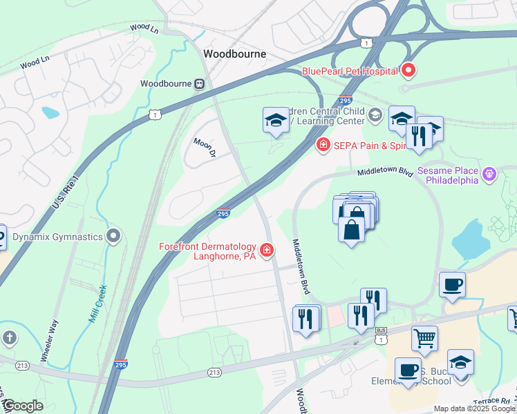 map of restaurants, bars, coffee shops, grocery stores, and more near 489 Woodbourne Road in Langhorne