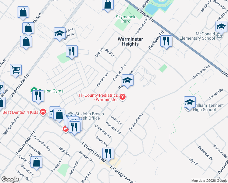 map of restaurants, bars, coffee shops, grocery stores, and more near 234 Newtown Road in Warminster