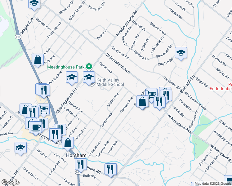 map of restaurants, bars, coffee shops, grocery stores, and more near 220 Milton Avenue in Horsham