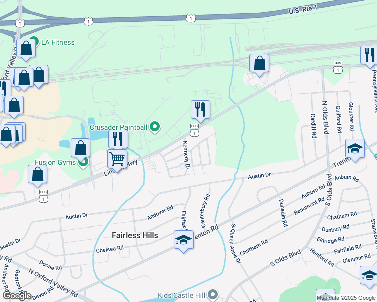 map of restaurants, bars, coffee shops, grocery stores, and more near 61 Harrison Drive in Fairless Hills
