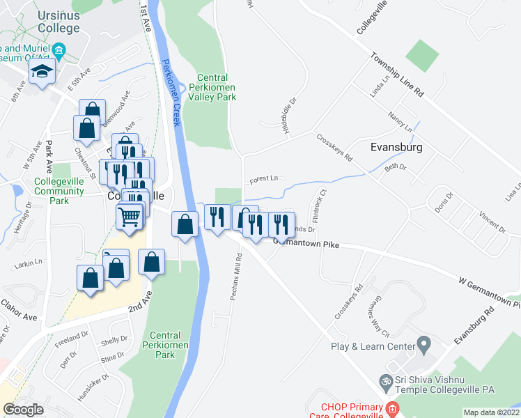 map of restaurants, bars, coffee shops, grocery stores, and more near 144 Woodwinds Drive in Collegeville