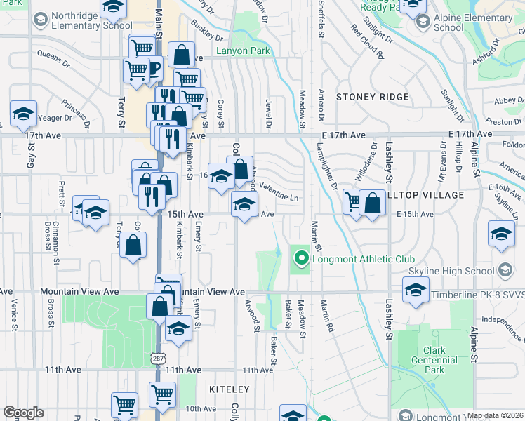 map of restaurants, bars, coffee shops, grocery stores, and more near 120 East 15th Avenue in Longmont