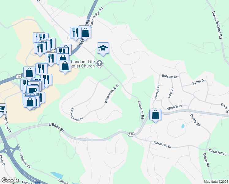 map of restaurants, bars, coffee shops, grocery stores, and more near 1440 Willowbrook Drive in Washington