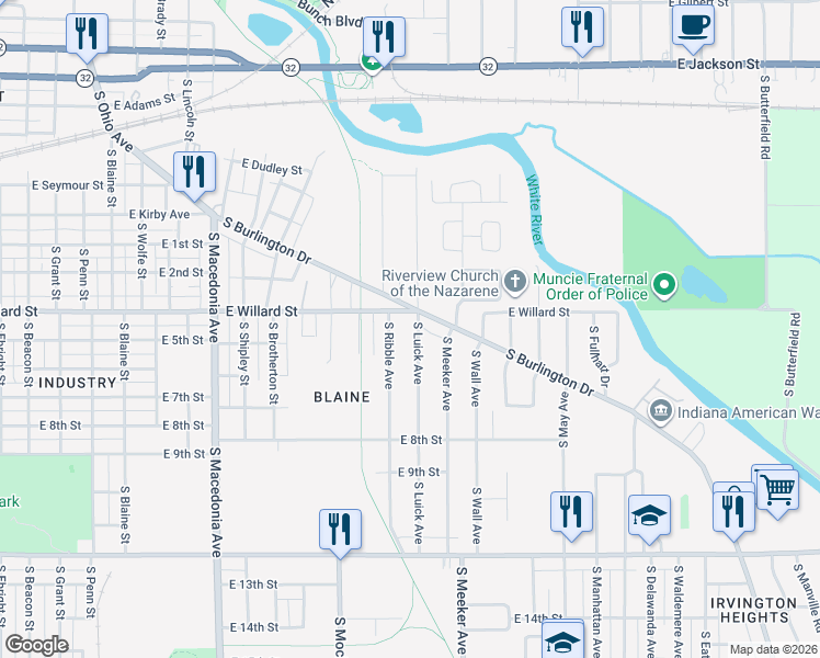 map of restaurants, bars, coffee shops, grocery stores, and more near 1118 South Ribble Avenue in Muncie